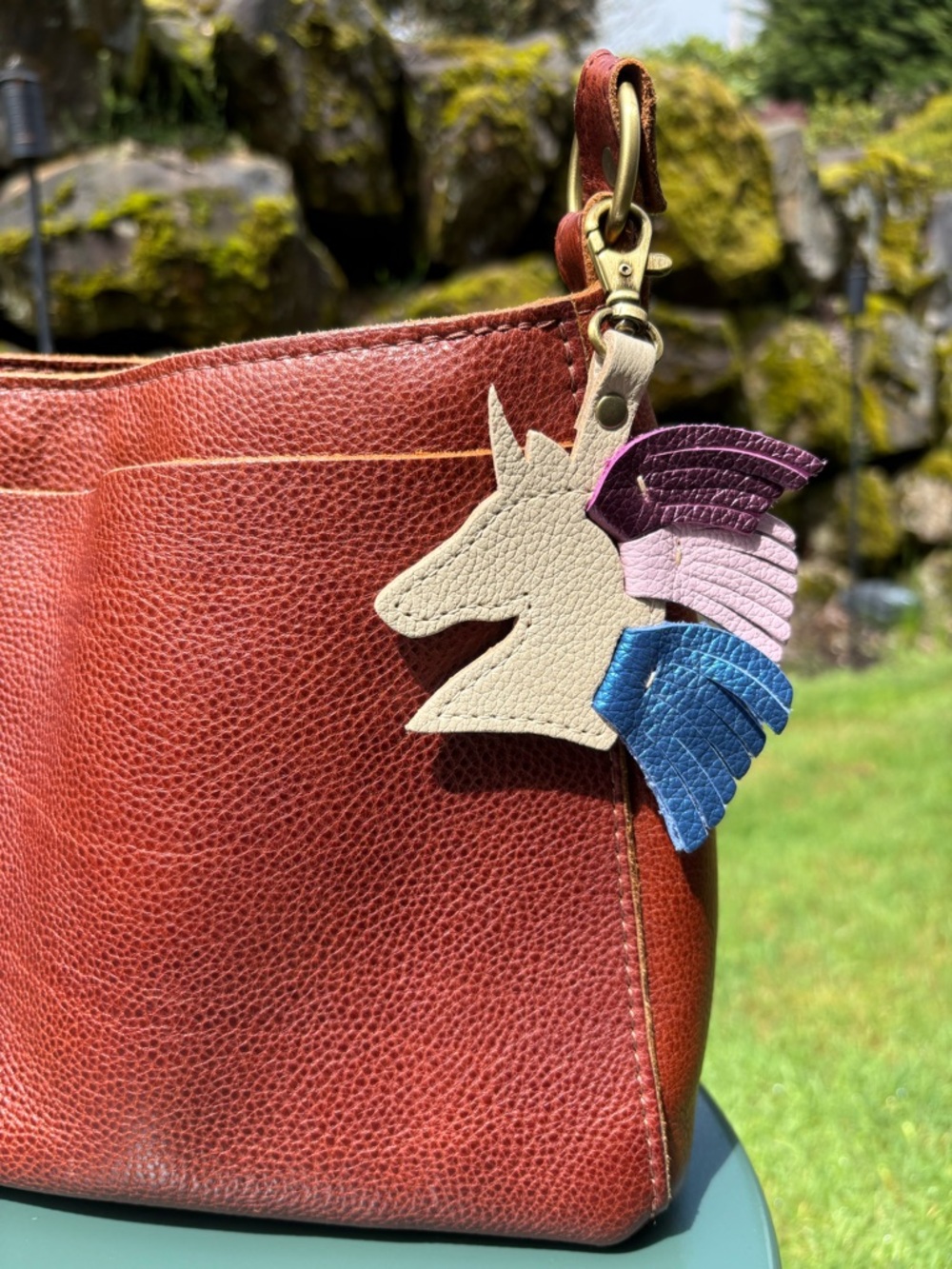 PLG Unicorn Keychain Bag Charm Lobster Clasp Pebbled Bone Blue Pink Purple - Picture 4 of 10
